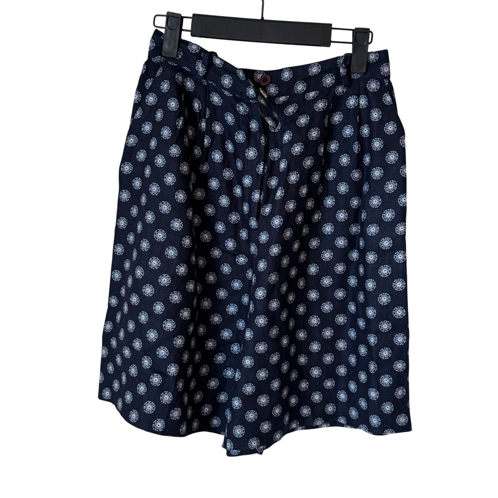 Talbots Navy Blue 100% Linen Medallion Print High Waist Pleated Shorts Womens 8
